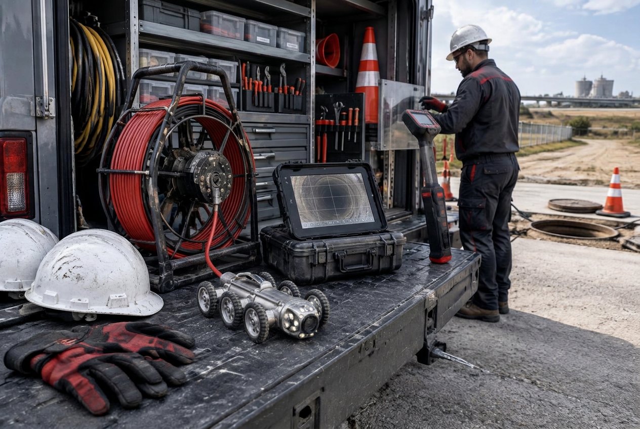 Organized commercial CCTV inspection and utility locating equipment staged in a field service truck
