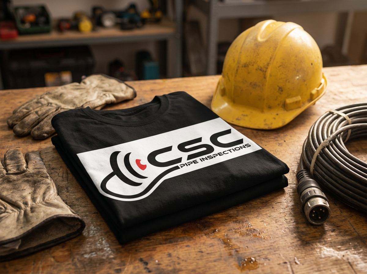 Close-up of a CSC Pipe Inspection branded black work shirt with the CSC logo, hard hat, safety glasses and field gear laid out before a job