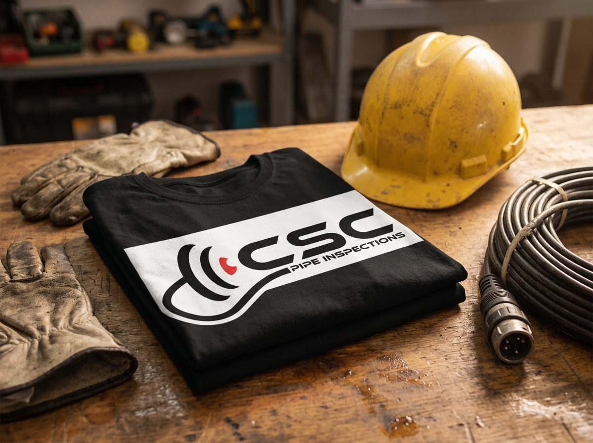 Close-up of a Cavayoo Services branded black work shirt with the Cavayoo logo, hard hat, safety glasses and field gear laid out before a job