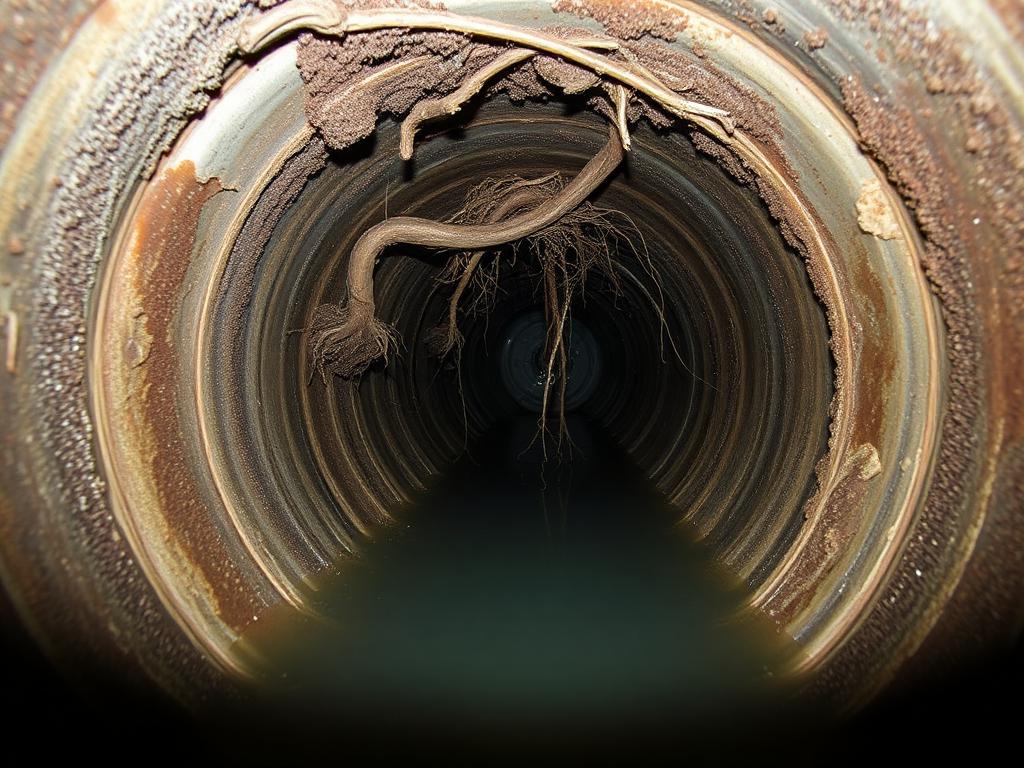 CCTV camera view inside an Austin sewer pipe with heavy root intrusion, grease and scale on the pipe walls before Cavayoo Services inspection