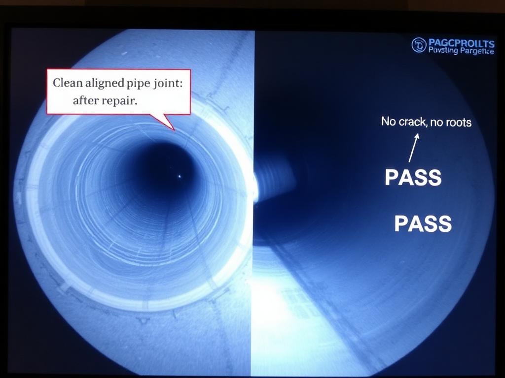 Sewer camera monitor showing the same pipe joint aligned and repaired, annotated as PASS on the PACP report after Cavayoo Services re-inspection
