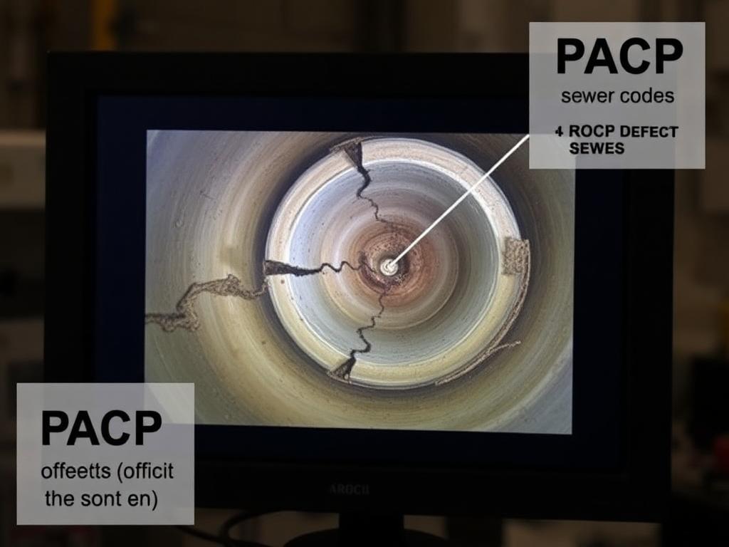 Sewer camera monitor showing a cracked offset pipe joint flagged with PACP defect codes during a Cavayoo Services inspection in Round Rock, TX