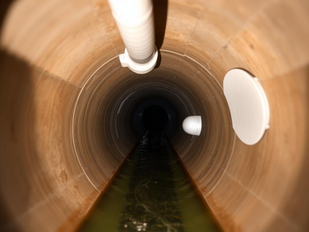 Post-repair sewer camera inspection still of the same East Austin lateral showing a new PVC spot repair section with clean walls and restored flow