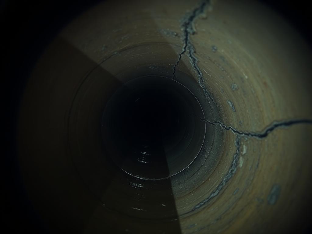 Sewer camera inspection still from an East Austin commercial lateral showing an offset clay pipe joint and a longitudinal crack with soil infiltration