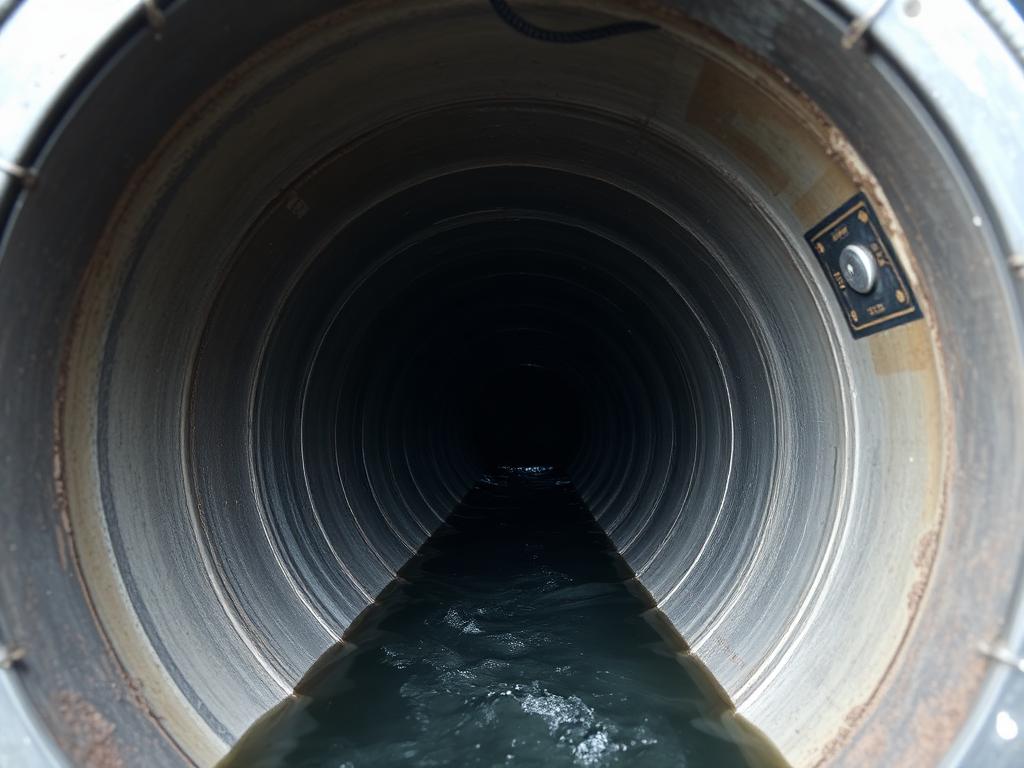 Sewer camera view of the same San Marcos kitchen grease line jetted back to bare cast iron at full diameter with clear flow