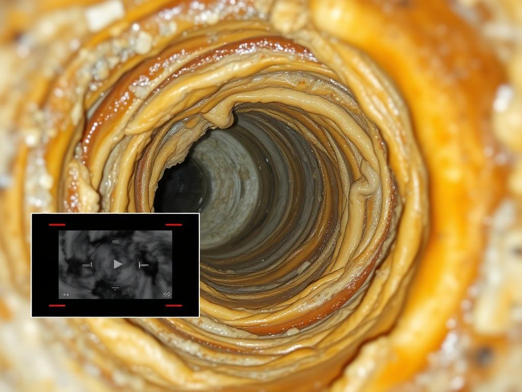 Sewer camera view inside a San Marcos commercial kitchen grease line almost fully choked with layered hardened grease