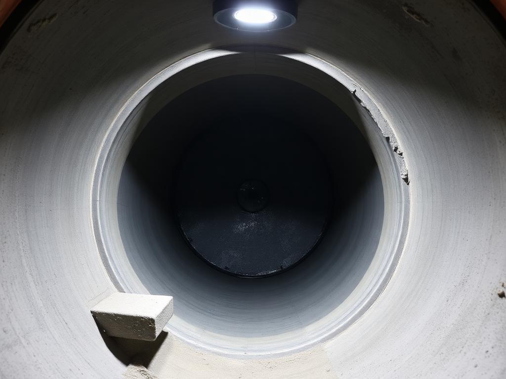 Interior of the same Manor manhole after rehabilitation, showing sealed walls and a clean channel