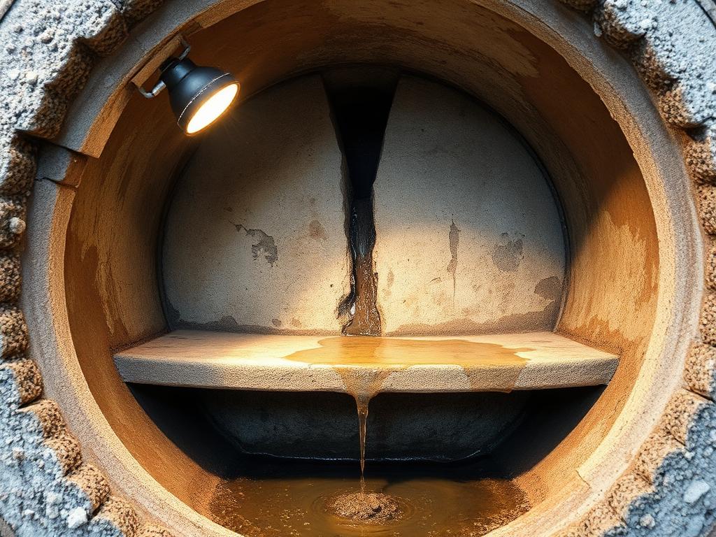 Interior of an older Manor sanitary manhole with brick deterioration and active infiltration running down the wall