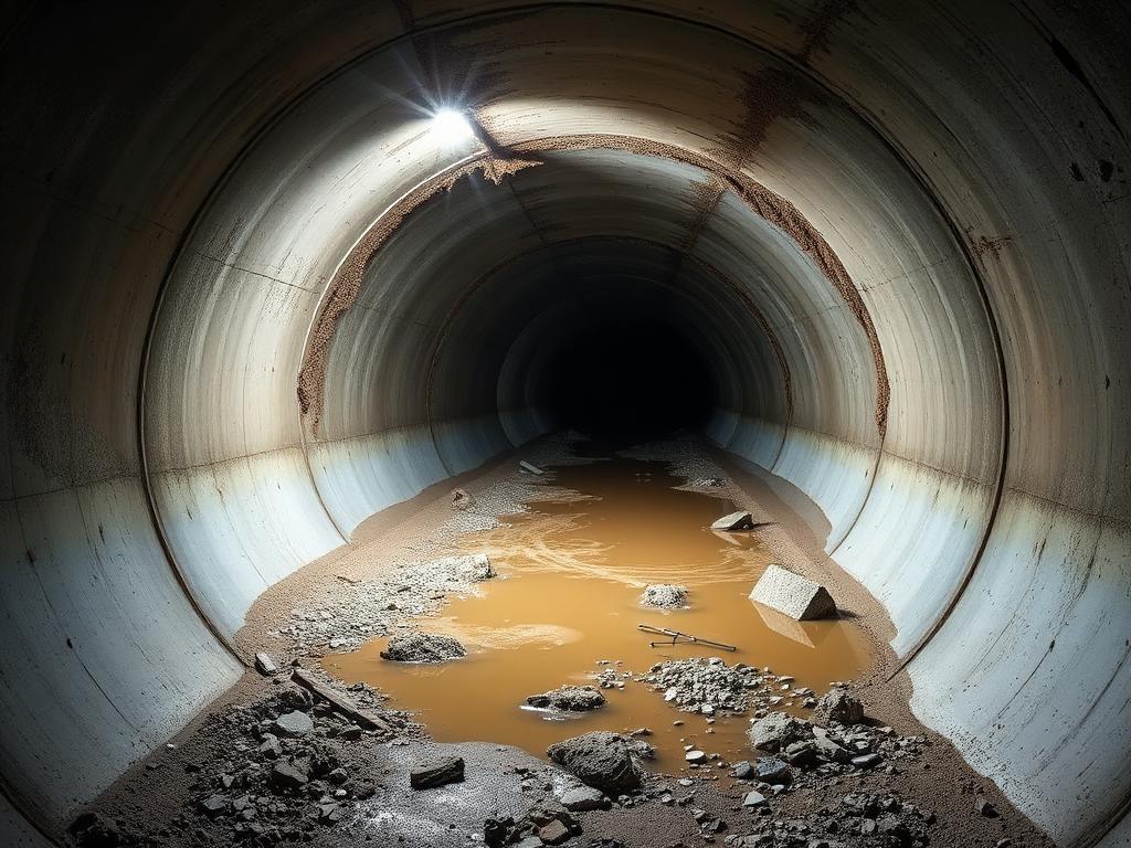 Interior of a Pflugerville commercial storm drain culvert half filled with silt, gravel, and construction debris restricting flow