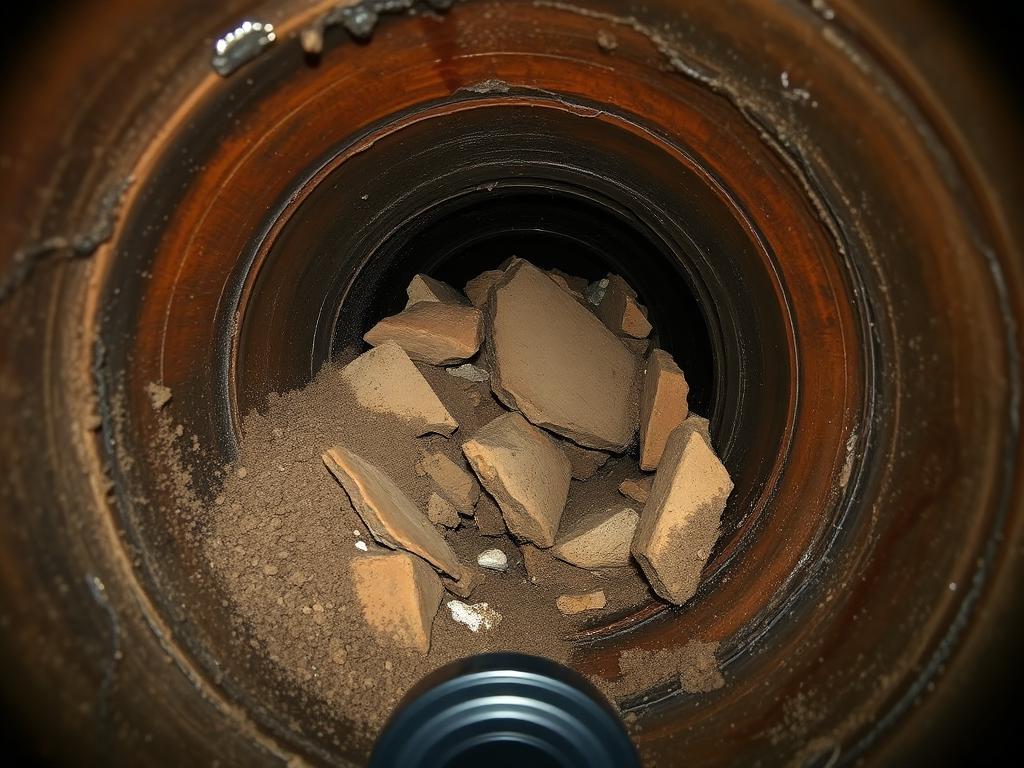 Sewer camera view of a collapsed clay pipe section under a Leander retail center with broken shards and soil blocking the flow path