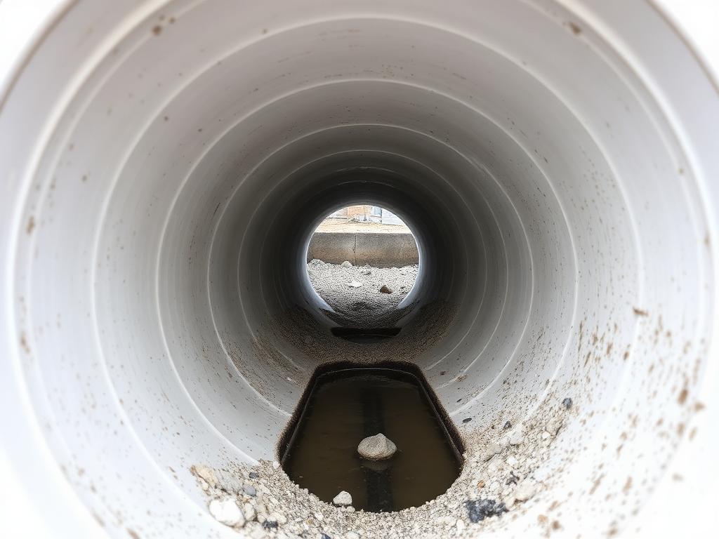 Sewer camera view inside new PVC pipe on a Cedar Park construction site showing gravel debris and a crushed section holding water before backfill