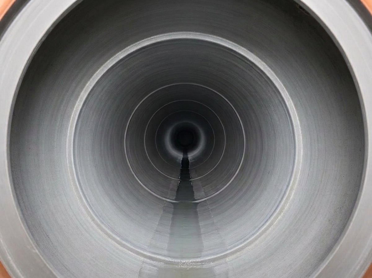 Interior of the same Manor manhole after rehabilitation, showing sealed walls and a clean channel
