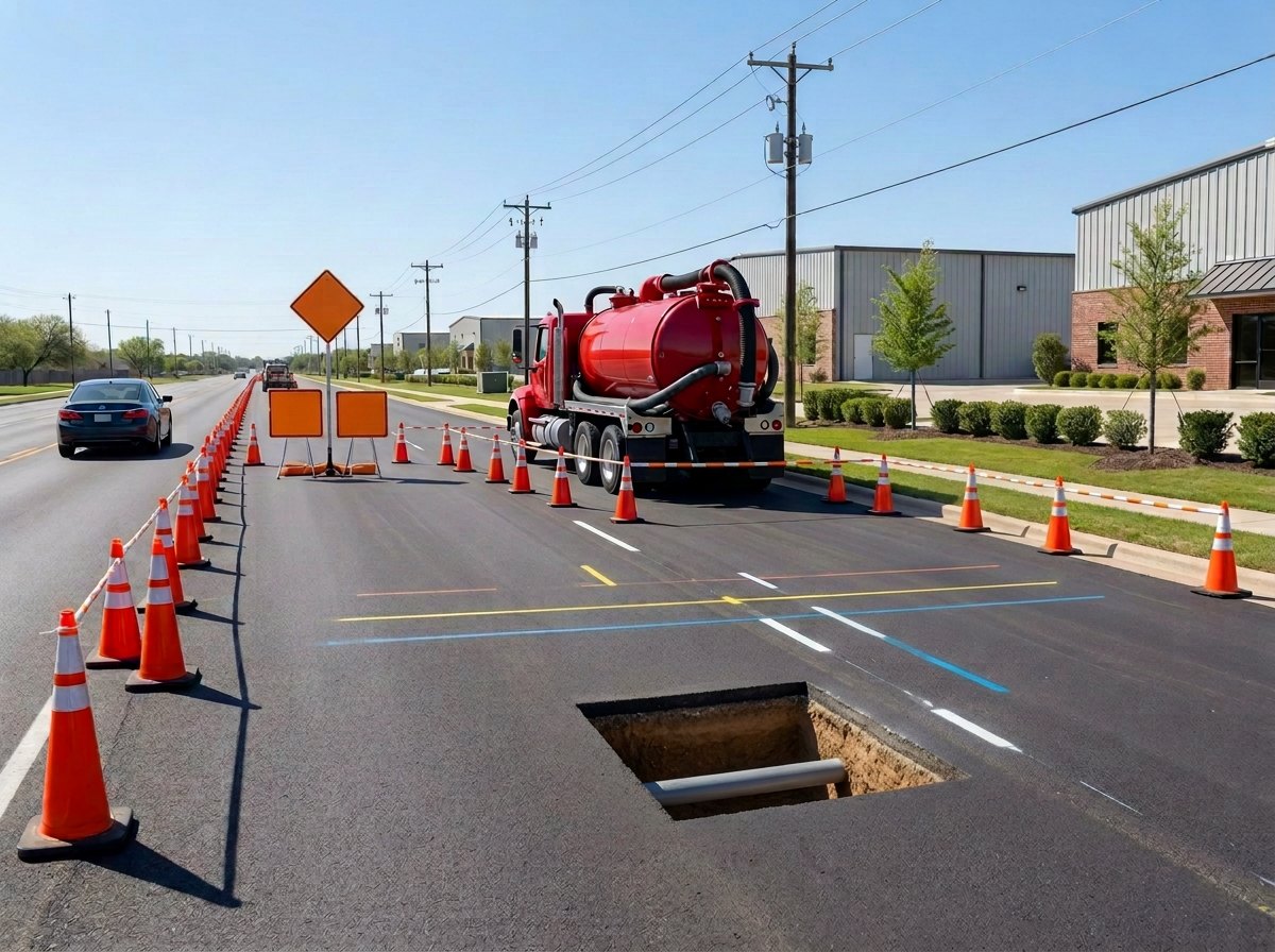 Same Cedar Park roadway after CSC Pipe Inspection hydro-excavation showing clean vertical potholes exposing utilities with safety cones and vacuum truck on site