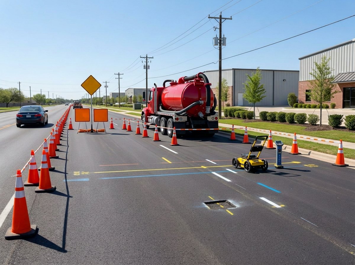 Cedar Park roadway with a mechanical trench and heavy equipment near buried utilities before CSC Pipe Inspection hydro-excavation