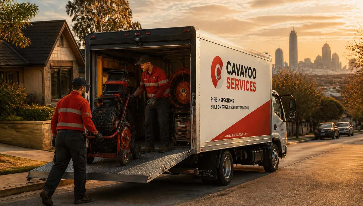 CSC Pipe Inspection crew loading CCTV pipe inspection gear on a truck in Austin, Texas