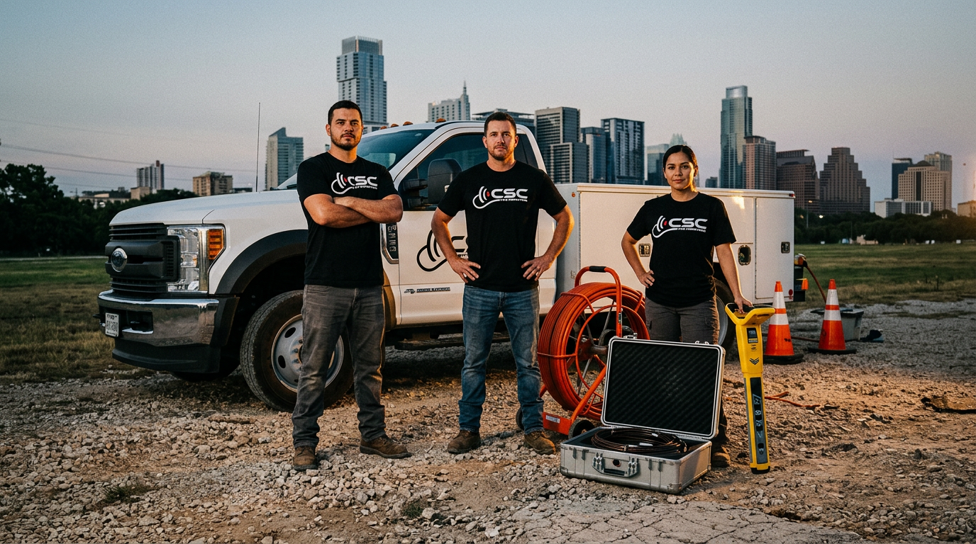Cavayoo Services crew in branded black Cavayoo logo t-shirts working a pipe inspection and hydro-excavation job site in Austin, Texas