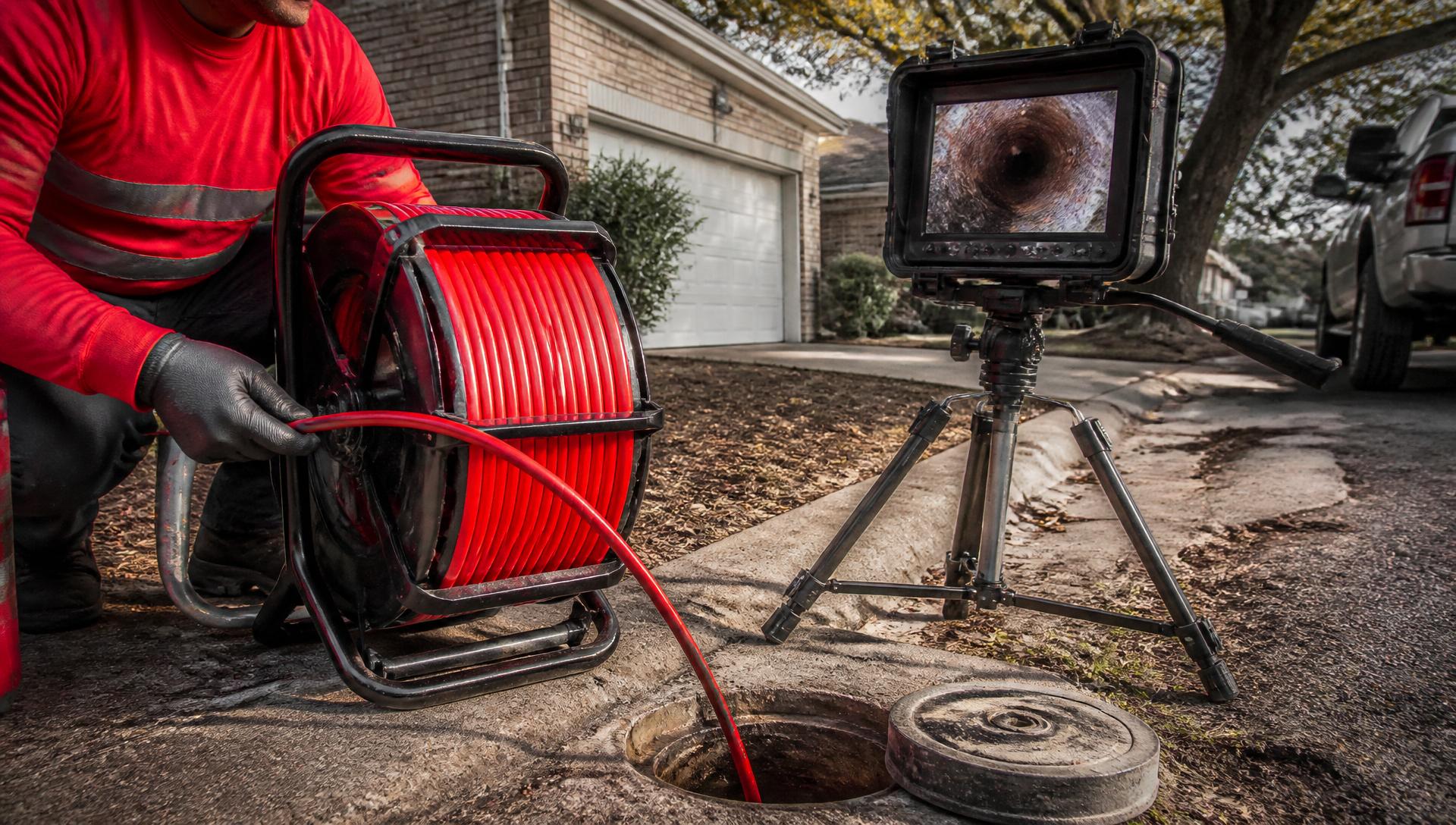 Same-day sewer camera inspection in Austin, TX - Cavayoo Services NASSCO-certified technician with CCTV crawler, reel, and monitor at a residential cleanout