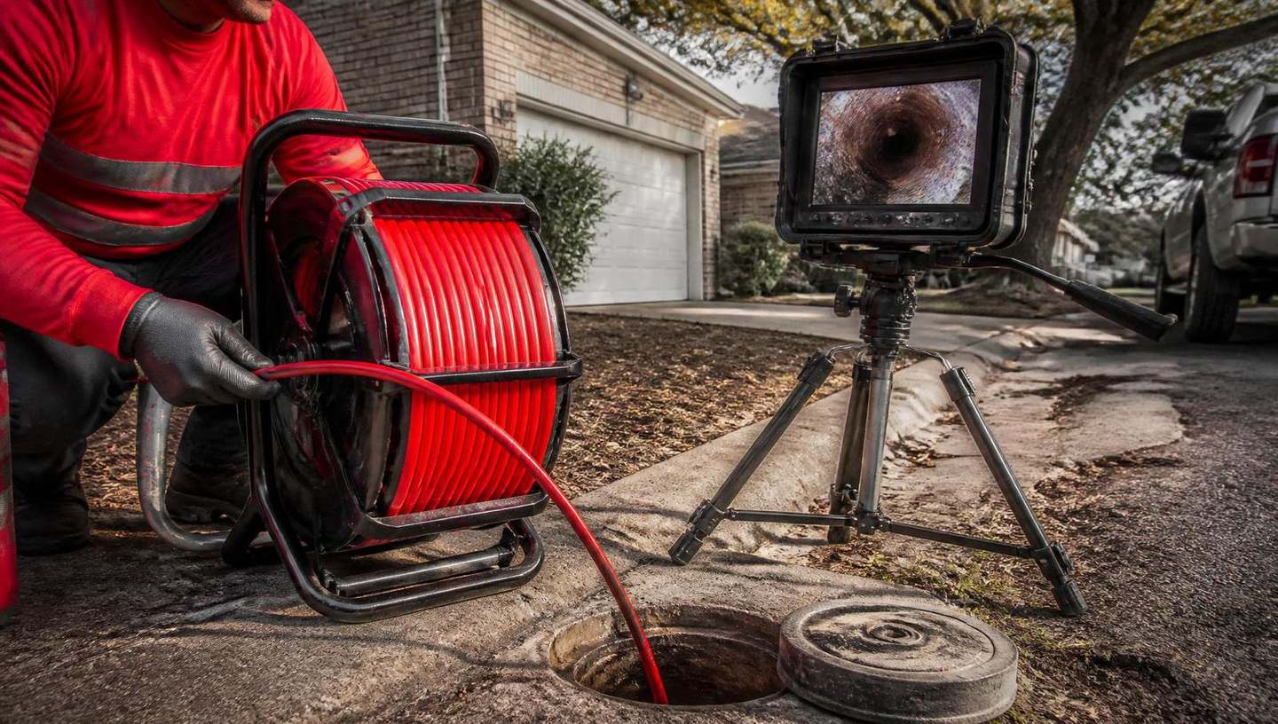 Commercial pipe inspection in Austin, TX - NASSCO-certified CSC Pipe Inspection technician running a CCTV camera at a commercial property cleanout during pre-acquisition due diligence