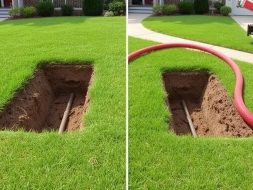 Same Austin-area yard after Cavayoo Services hydro-excavation showing a clean pothole exposing utility lines with intact surrounding grass