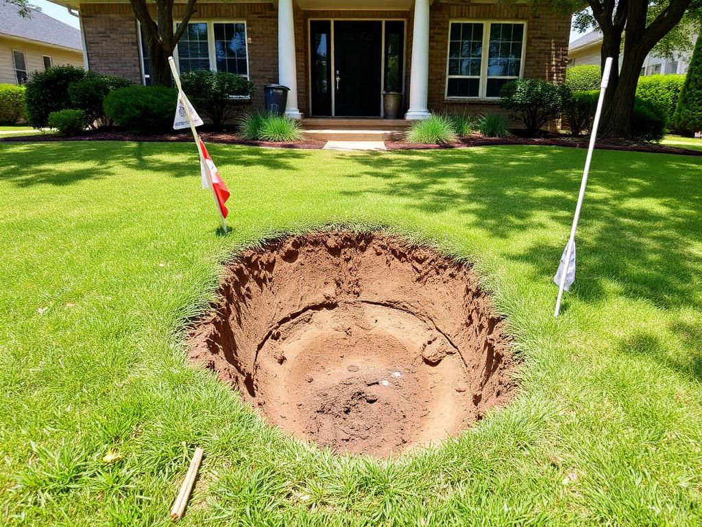 Residential Austin front yard with utility flags marking buried gas and water lines before hydro-excavation by Cavayoo Services