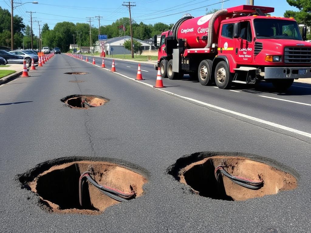 Same Cedar Park roadway after Cavayoo Services hydro-excavation showing clean vertical potholes exposing utilities with safety cones and vacuum truck on site