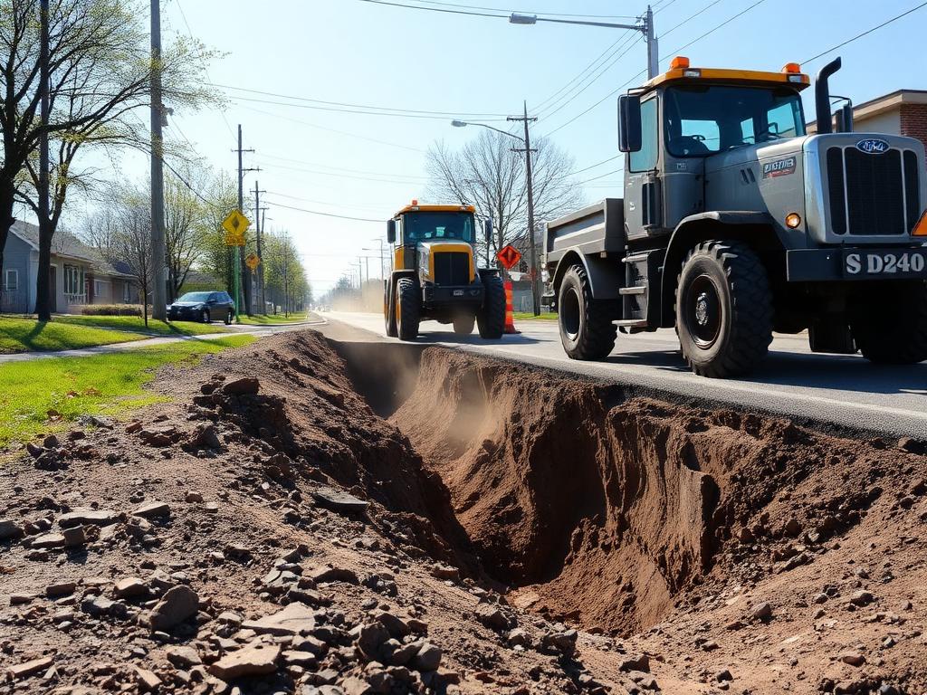 Cedar Park roadway with a mechanical trench and heavy equipment near buried utilities before Cavayoo Services hydro-excavation