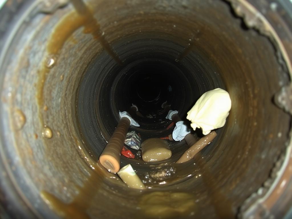 Interior of an East Austin sewer main clogged with grease, wipes and debris before Cavayoo Services hydro-jetting