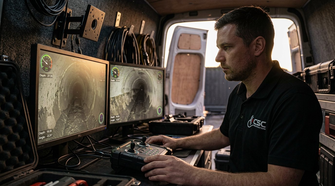 CCTV inspection monitor displaying internal pipe condition footage