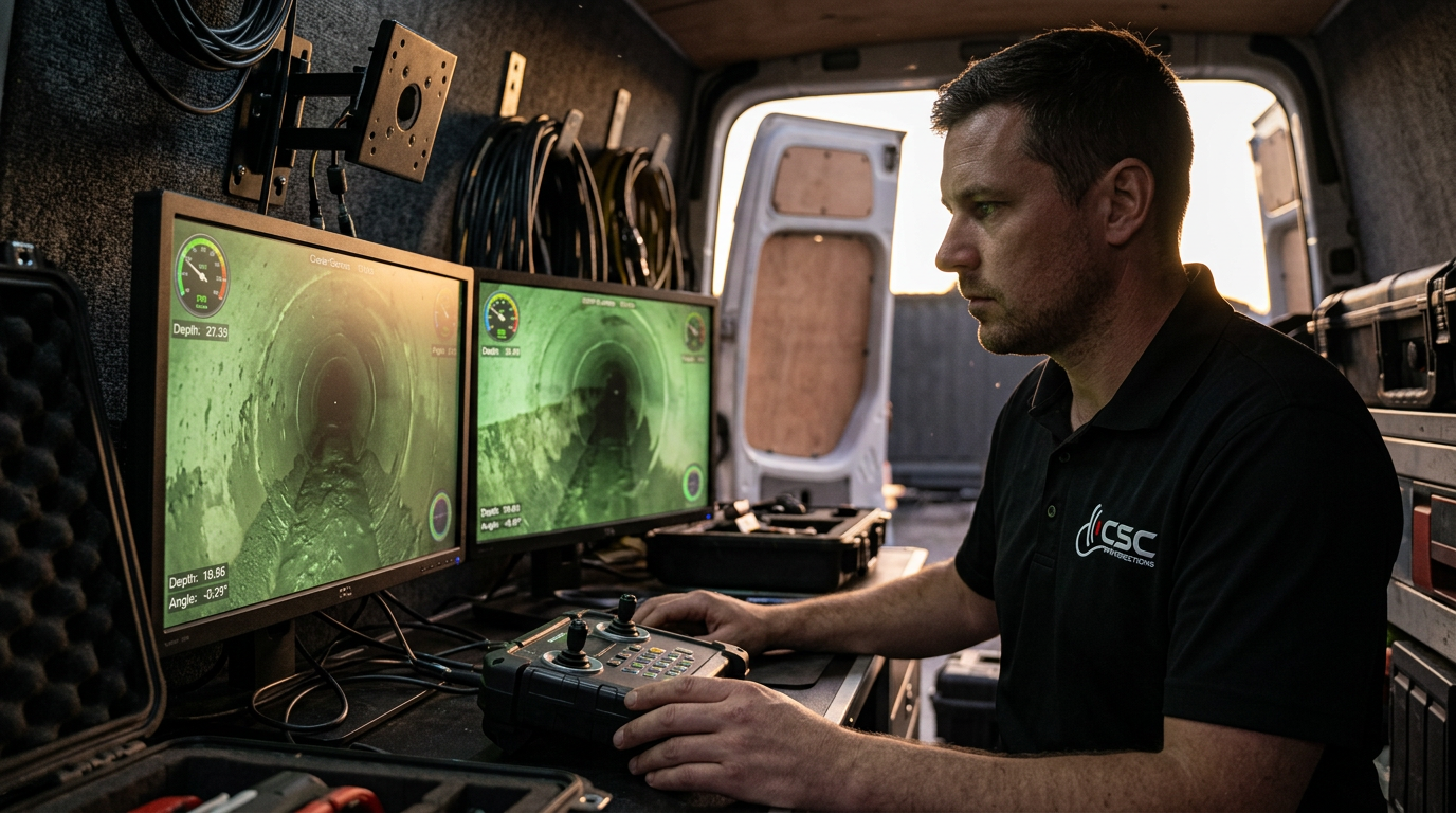 Cavayoo Services CCTV crawler monitor showing a defect inside a Luling sewer lateral, operator reviewing PACP-coded footage
