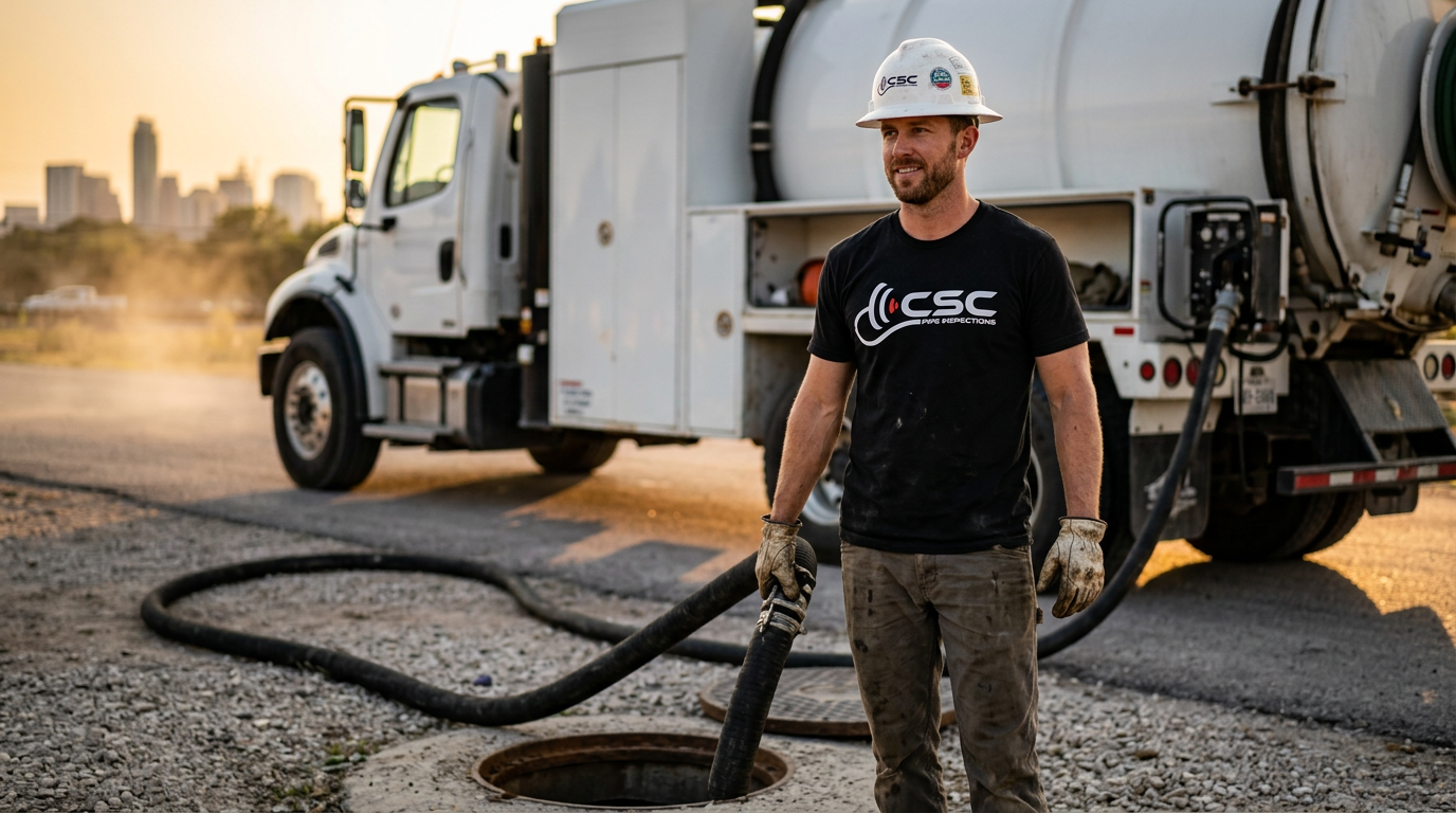 Cavayoo Services hydro-excavation truck daylighting utilities on a Luling job site near Downtown Luling, operator in branded shirt at the boom