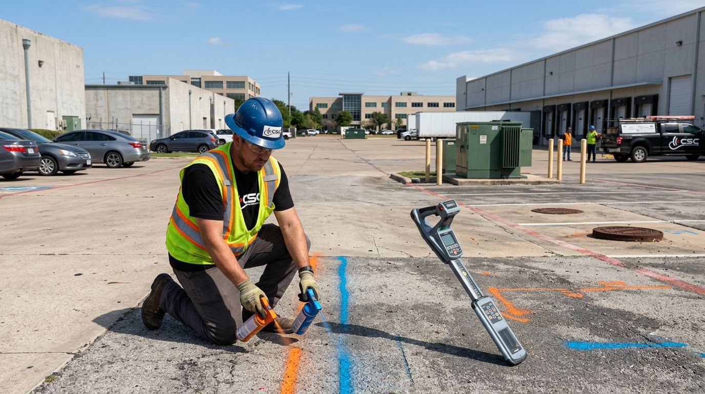 CSC Pipe Inspection locator technicians in branded shirts marking private water, gas, and electric lines with paint and flags before excavation