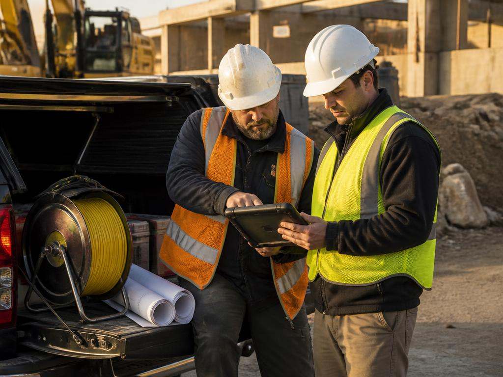 CSC Pipe Inspection technicians reviewing a PACP-coded sewer inspection report on a tablet at a Bertram commercial job site near Oatmeal Road
