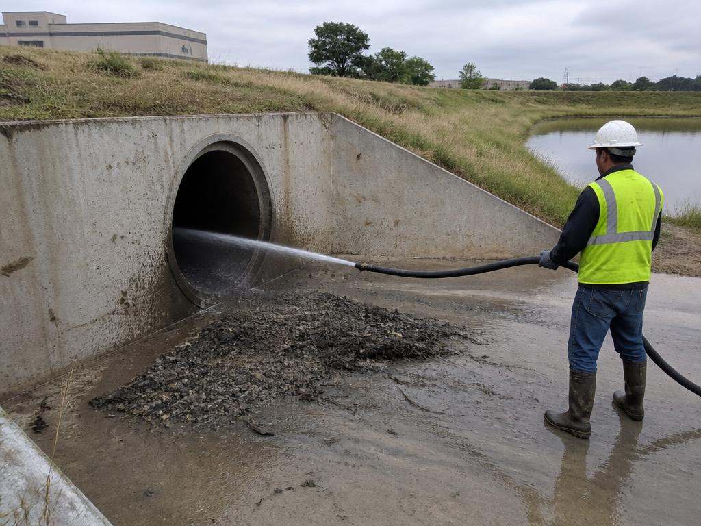 CSC Pipe Inspection crew jetting a silted concrete storm culvert at a Bertram commercial detention pond near CR 200 side