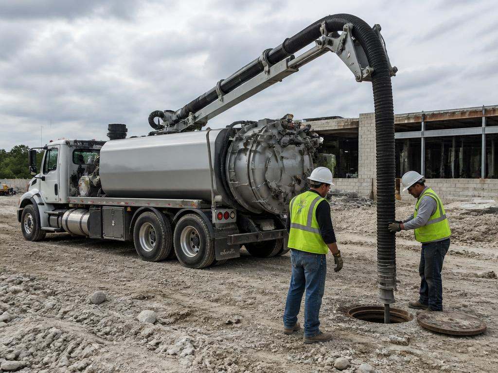 CSC Pipe Inspection vacuum truck crew pumping a lift station wet well at a Bartlett commercial site near Downtown Bartlett