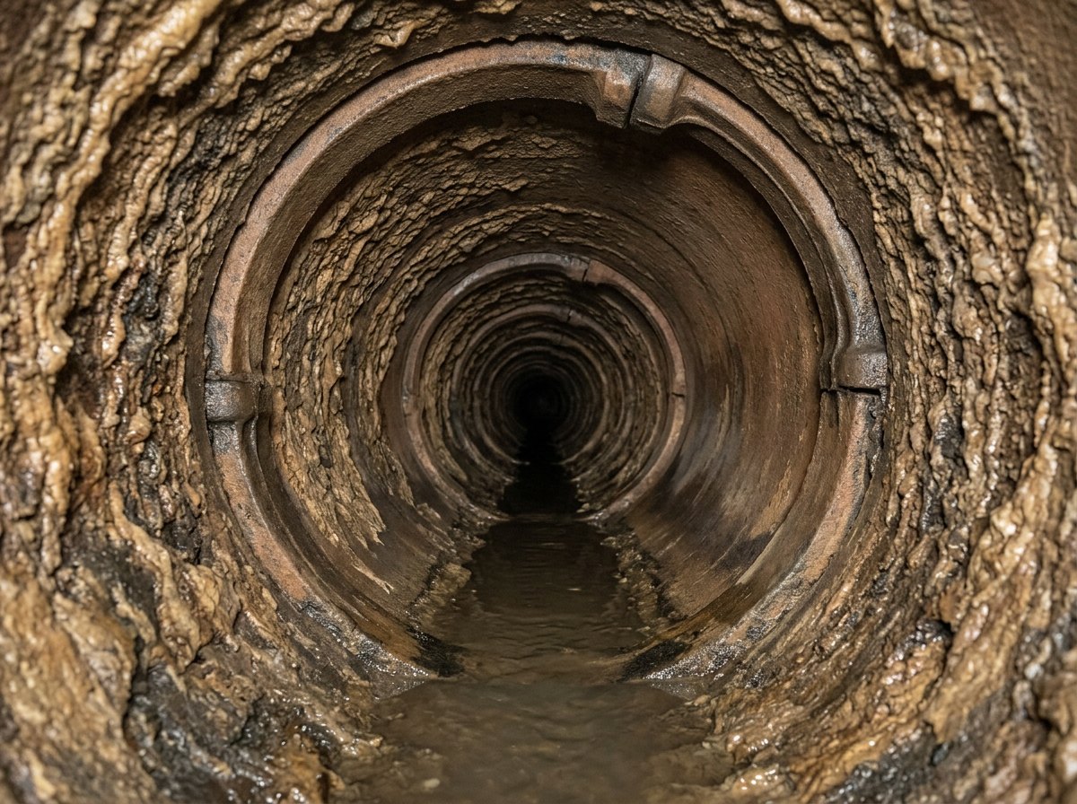 Sewer camera view inside a San Marcos commercial kitchen grease line almost fully choked with layered hardened grease