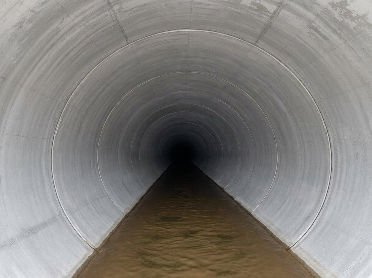 Interior of the same Pflugerville storm culvert after vacuum and jet cleaning, showing a clear concrete invert and free flowing water