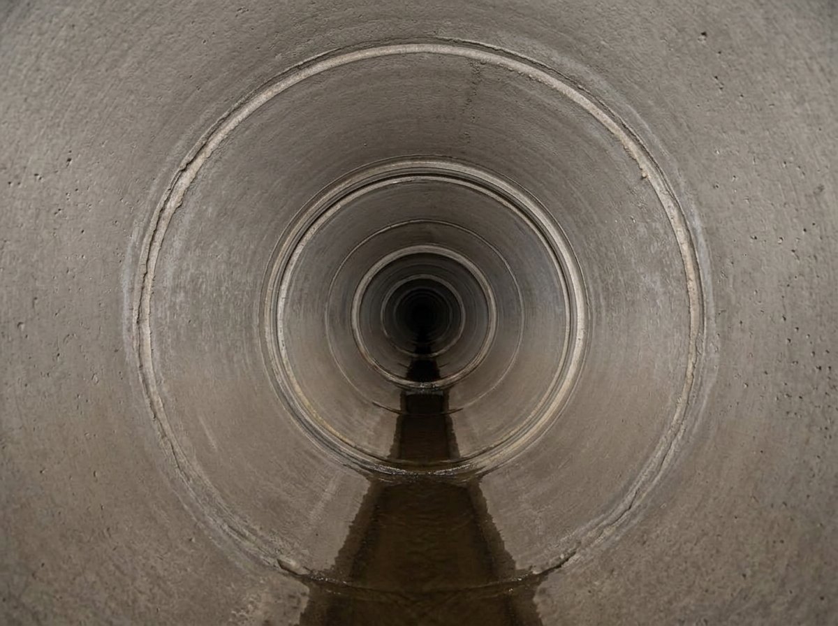 Sewer camera view of the same Leander sewer run after cured-in-place lining, showing a smooth seamless liner at full diameter