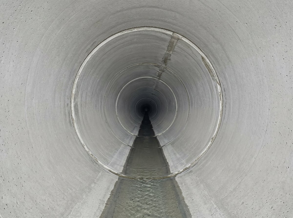 Sewer camera view of the same Cedar Park new construction sewer run after repair and flushing, showing clean PVC at consistent grade