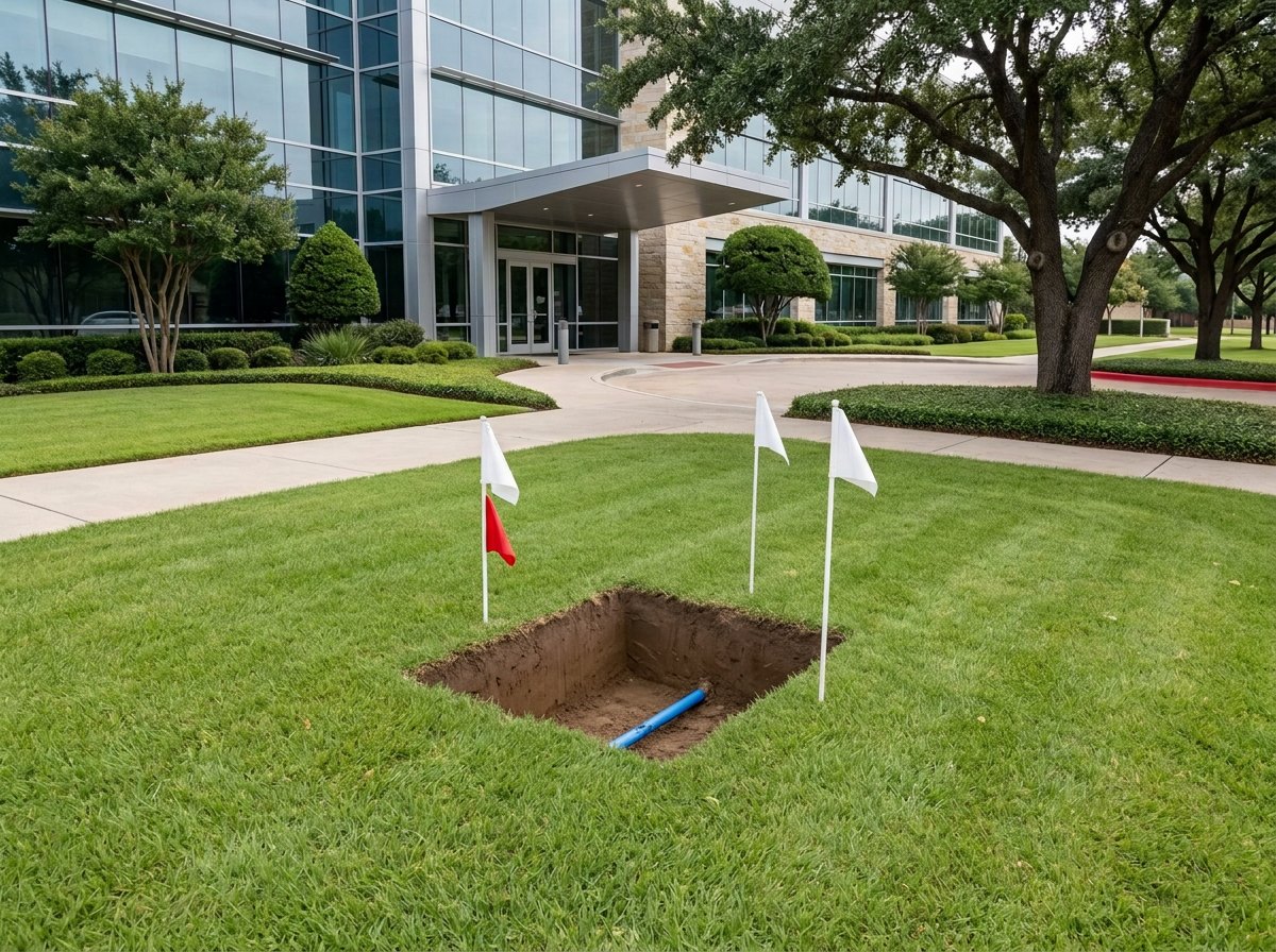 Same Austin-area commercial property after CSC Pipe Inspection hydro-excavation showing a clean pothole exposing utility lines with intact surrounding grass