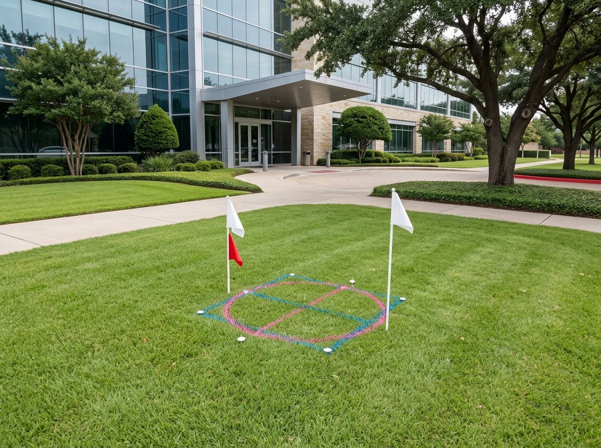 Commercial Austin property front yard with utility flags marking buried gas and water lines before hydro-excavation by CSC Pipe Inspection