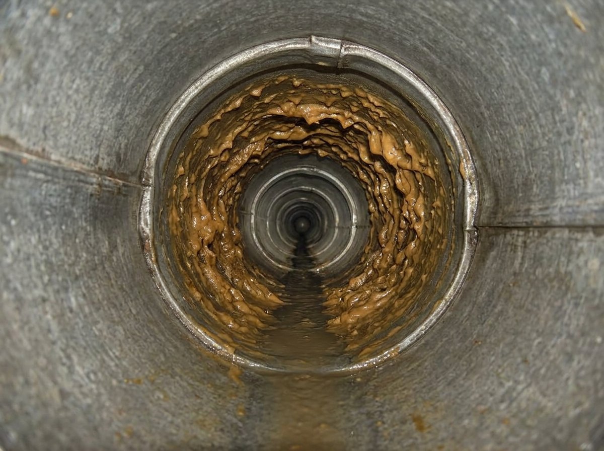 Sewer camera view of a downtown Austin commercial grease line narrowed to a fraction of its diameter by hardened grease before hydro jetting