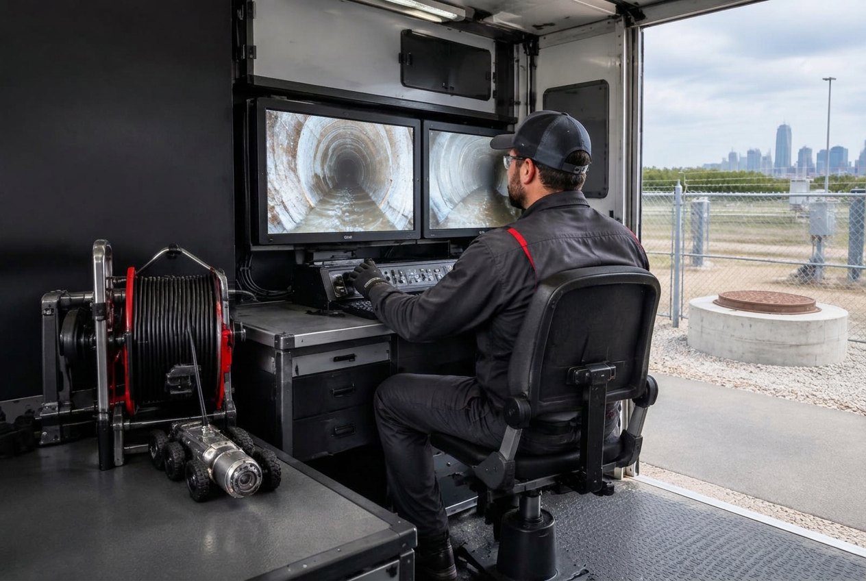CCTV crawler camera positioned for a commercial sewer pipeline inspection