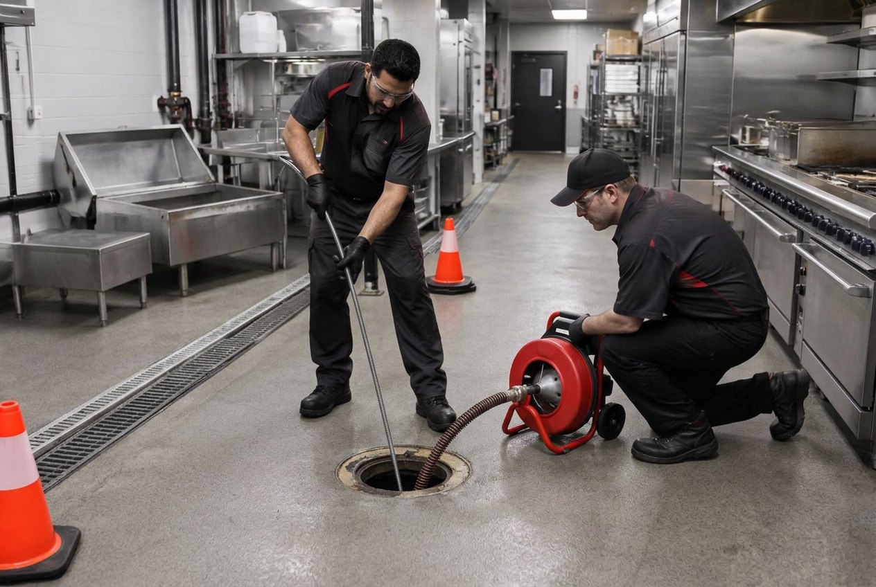 Commercial drain cleaning equipment clearing a building drain line