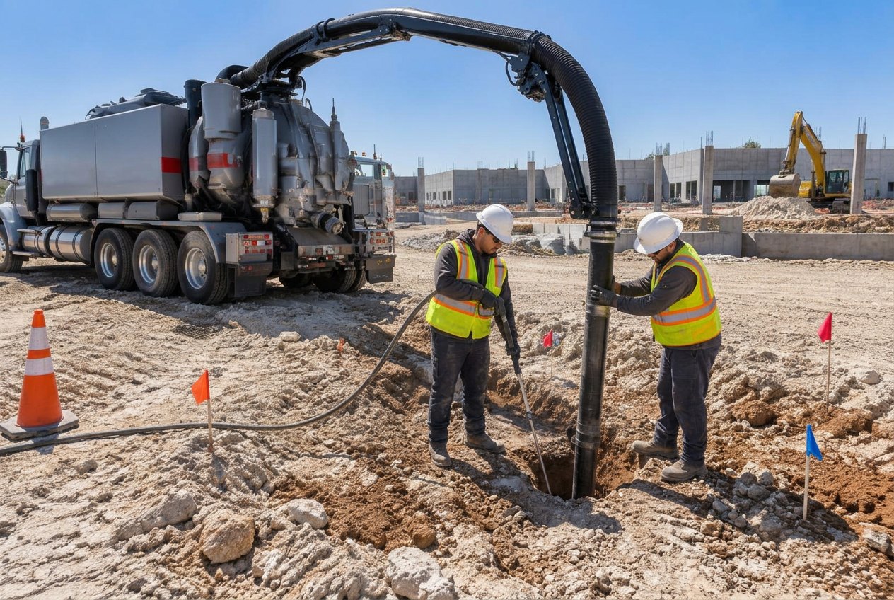 Hydro excavation crew daylighting underground utilities on a commercial site
