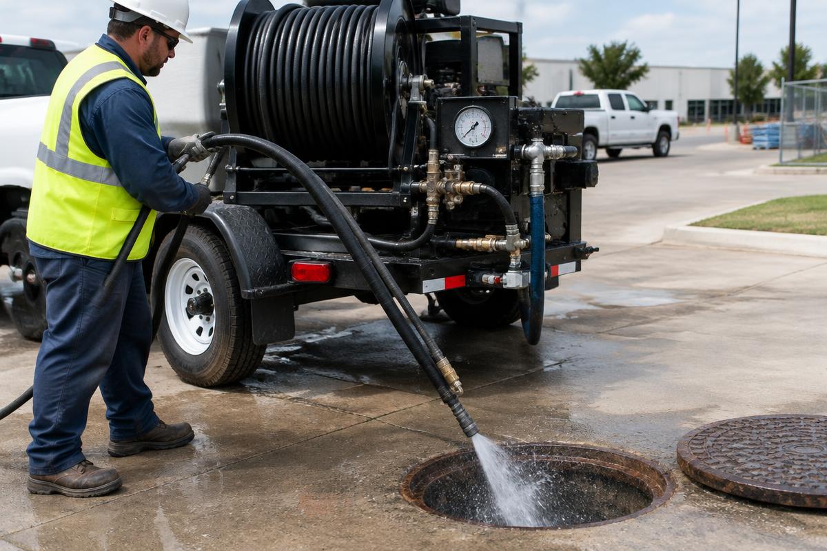 Commercial hydro jetting rig operating at a manhole