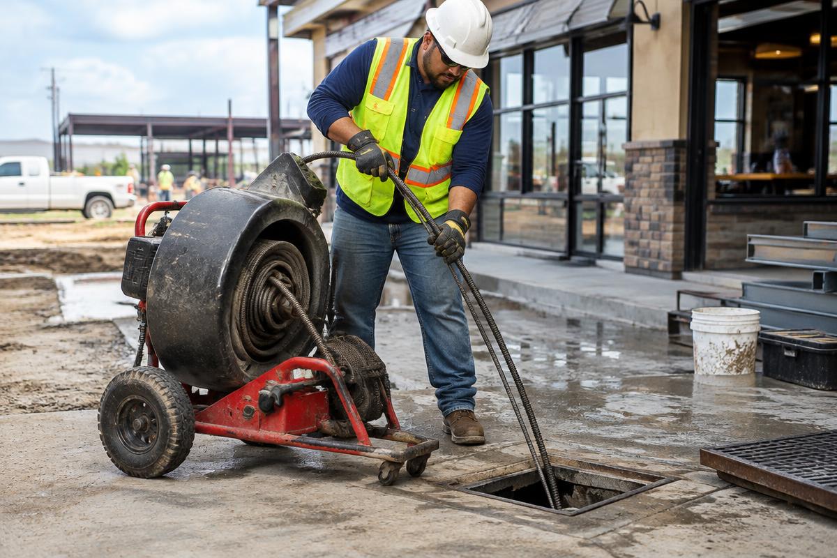 Technician operating a commercial drain cable machine on a jobsite