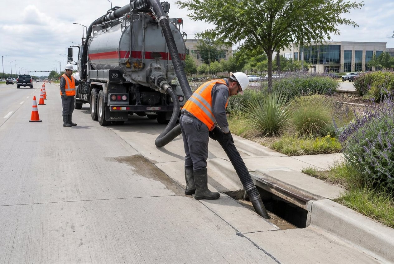 Vacuum truck crew cleaning a municipal curb inlet along a Central Texas commercial corridor