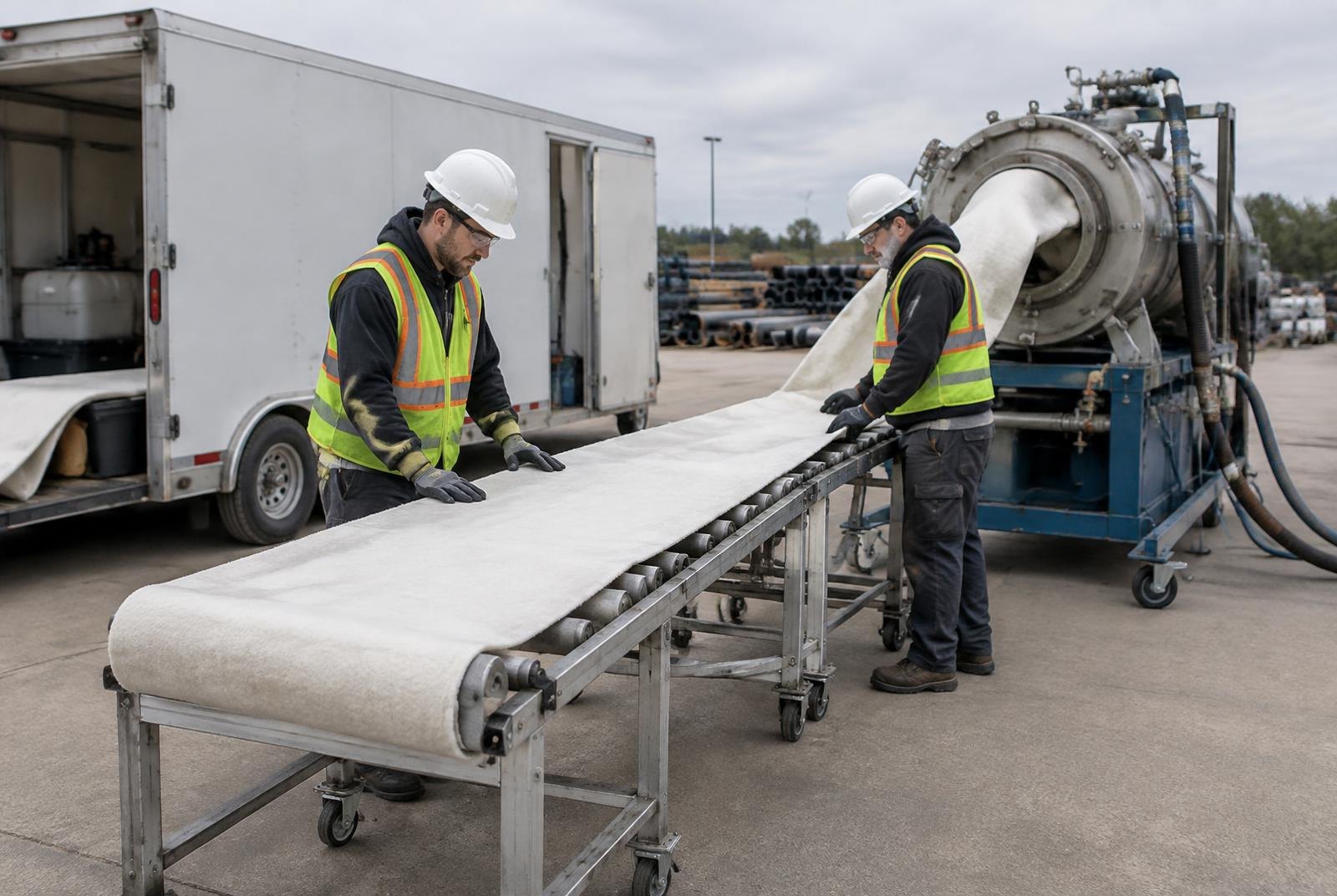 Trenchless pipe lining installation equipment on a commercial site