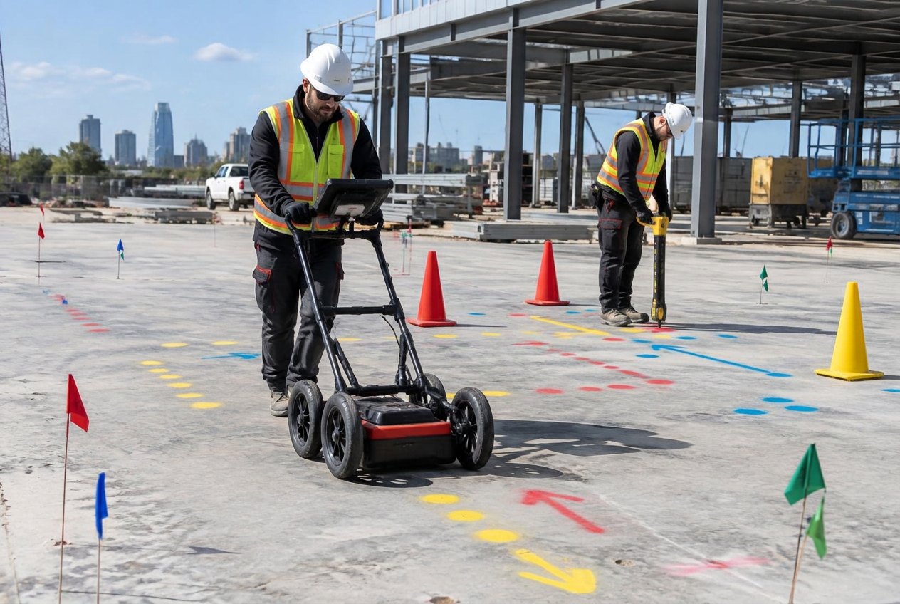 Technician marking located underground utility lines on a commercial site