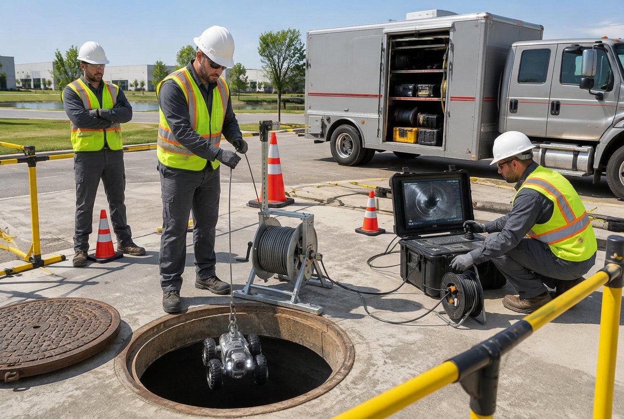 Commercial CCTV crawler being lowered into a sanitary manhole at a Central Texas business park
